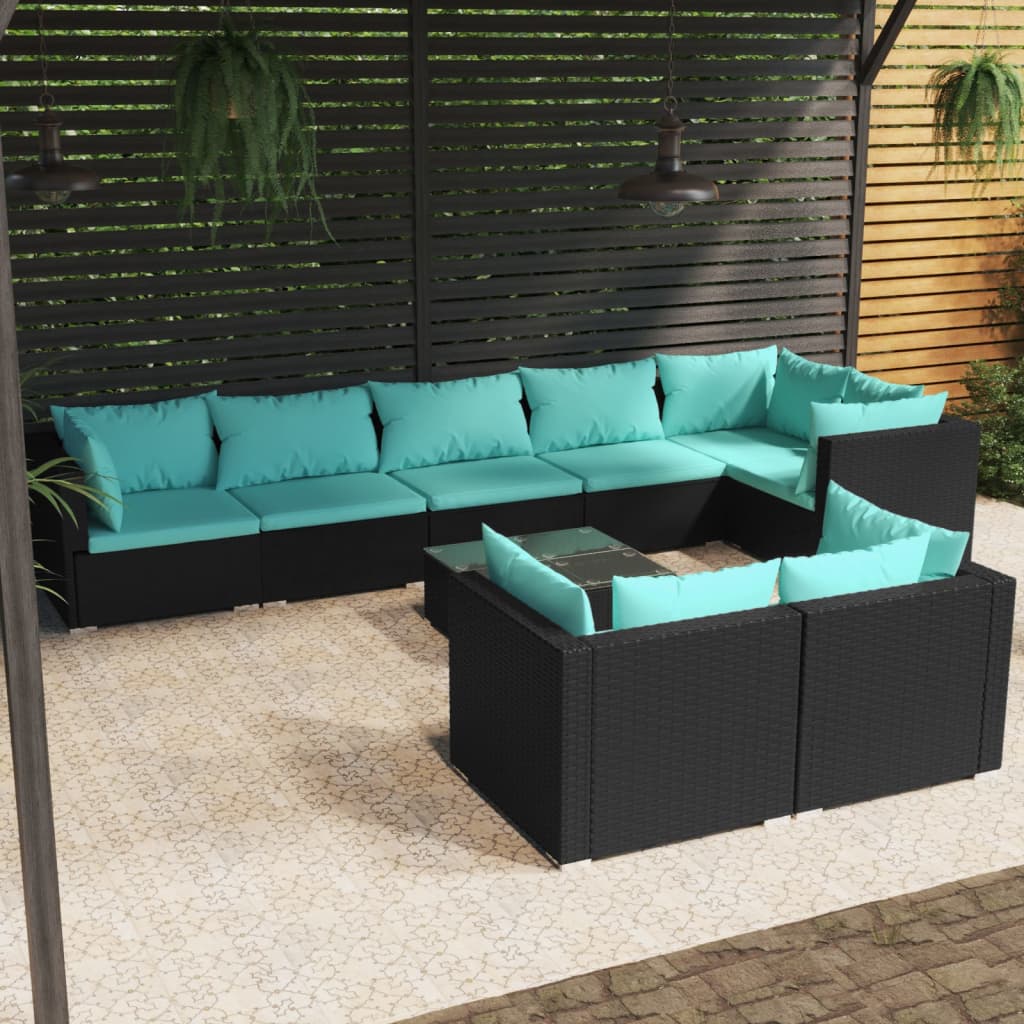 vidaXL 9-piece Garden Lounge Set with Cushions Black Poly Rattan