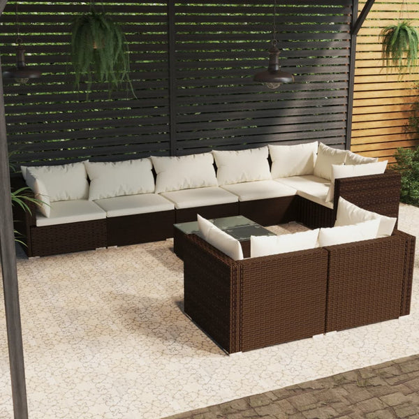 vidaXL 9-piece Garden Lounge Set with Cushions Brown Poly Rattan
