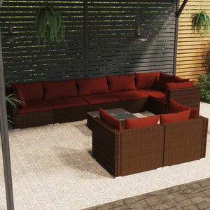 vidaXL 9-piece Garden Lounge Set with Cushions Brown Poly Rattan