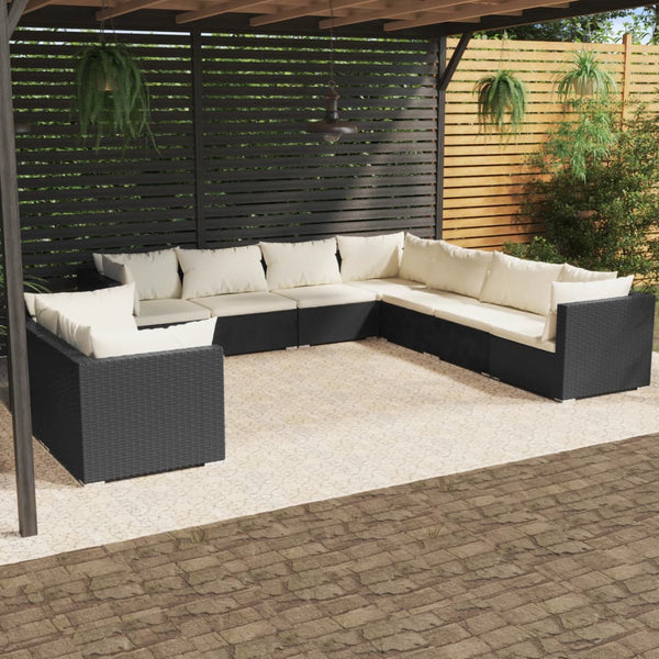 vidaXL 9-piece Garden Lounge Set with Cushions Black Poly Rattan