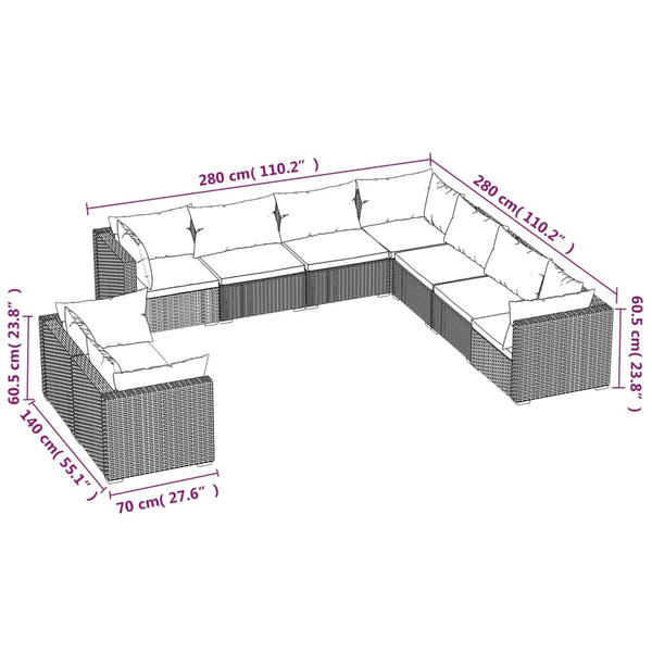 vidaXL 9-piece Garden Lounge Set with Cushions Brown Poly Rattan