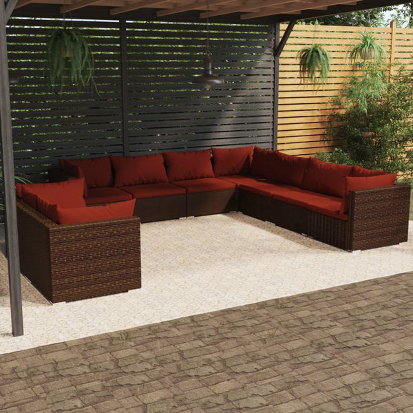 vidaXL 9-piece Garden Lounge Set with Cushions Brown Poly Rattan