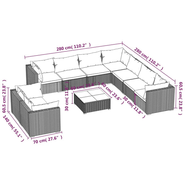 vidaXL 10-Piece Garden Lounge Set with Cushions Black Poly Rattan
