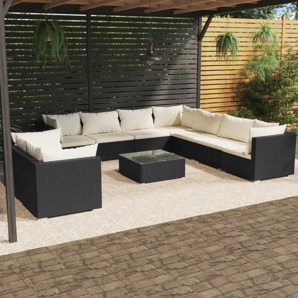 vidaXL 10-Piece Garden Lounge Set with Cushions Black Poly Rattan