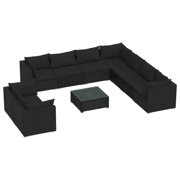 vidaXL 10-Piece Garden Lounge Set with Cushions Black Poly Rattan