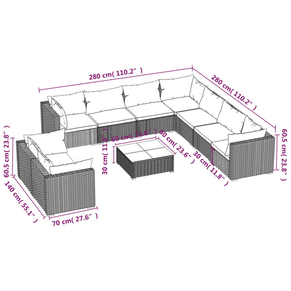 vidaXL 10-Piece Garden Lounge Set with Cushions Black Poly Rattan