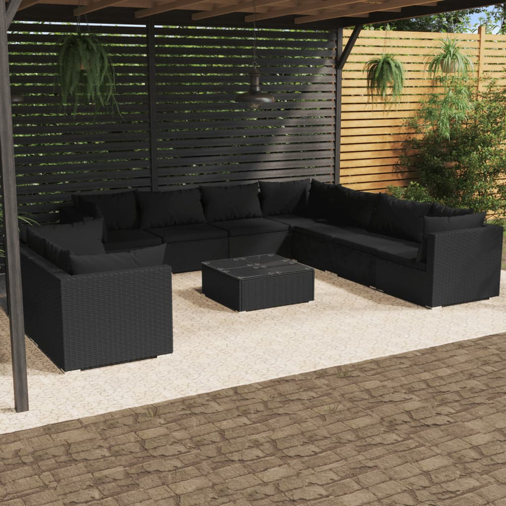 vidaXL 10-Piece Garden Lounge Set with Cushions Black Poly Rattan
