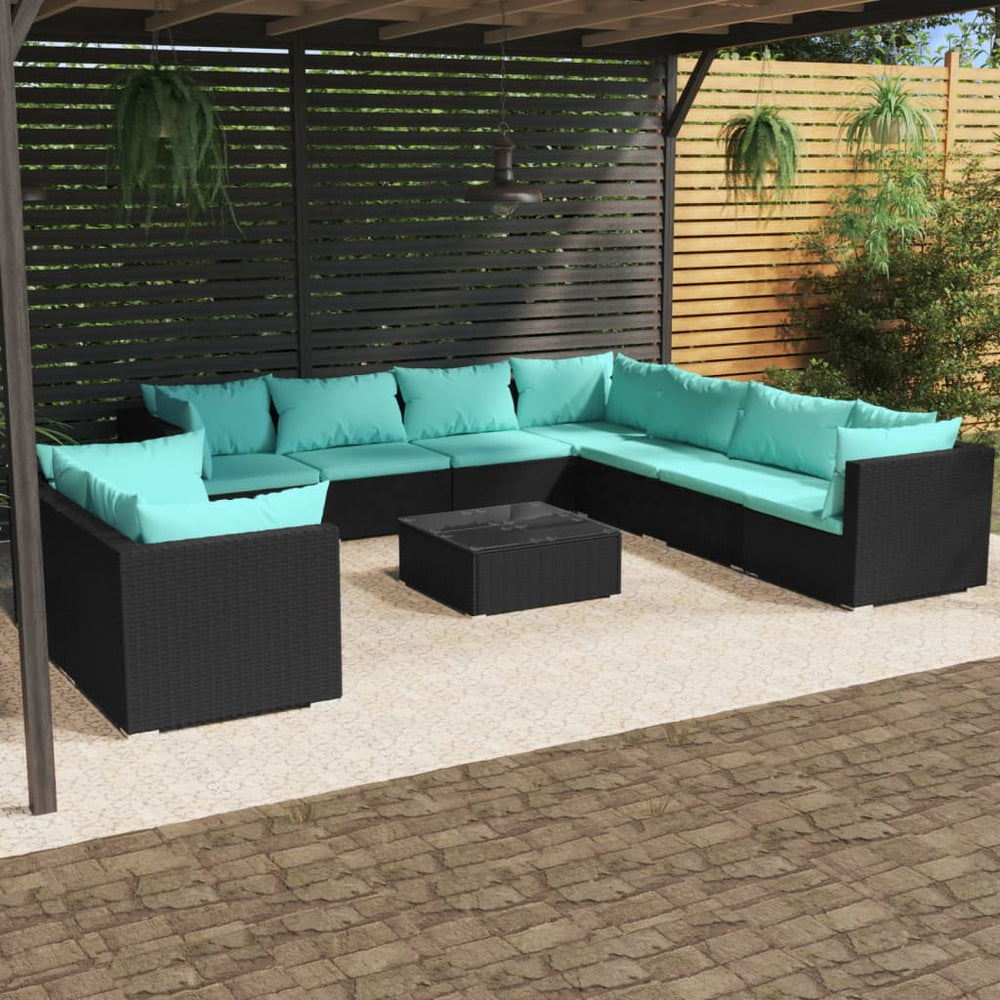 vidaXL 10-Piece Garden Lounge Set with Cushions Black Poly Rattan