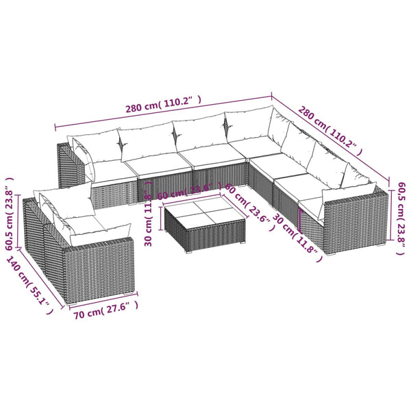 vidaXL 10-piece Garden Lounge Set with Cushions Grey Poly Rattan