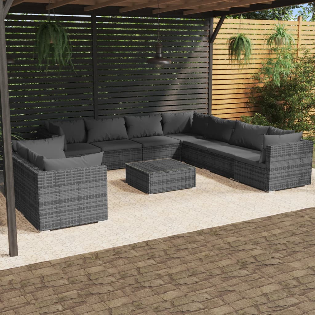 vidaXL 10-piece Garden Lounge Set with Cushions Grey Poly Rattan