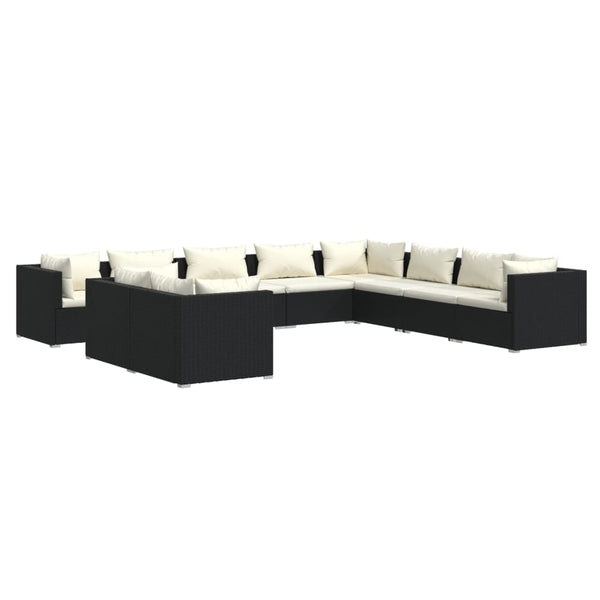 vidaXL 10-Piece Garden Lounge Set with Cushions Black Poly Rattan