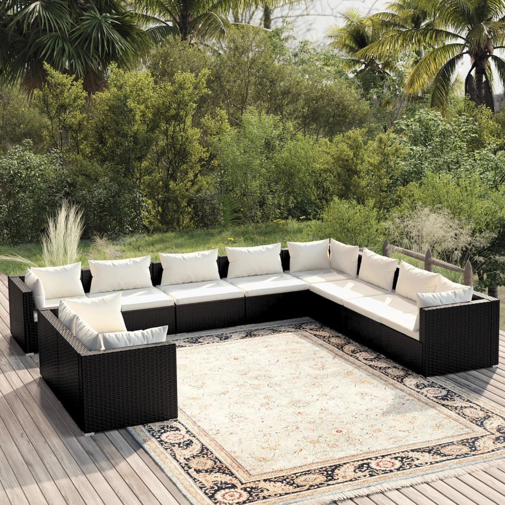 vidaXL 10-Piece Garden Lounge Set with Cushions Black Poly Rattan