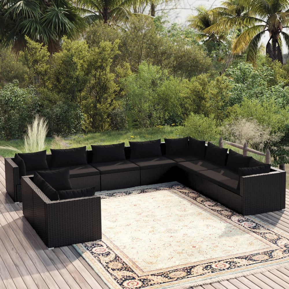vidaXL 10-Piece Garden Lounge Set with Cushions Black Poly Rattan