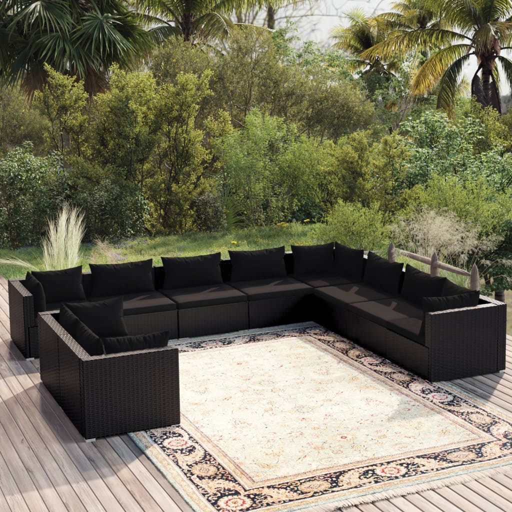 vidaXL 10-Piece Garden Lounge Set with Cushions Black Poly Rattan