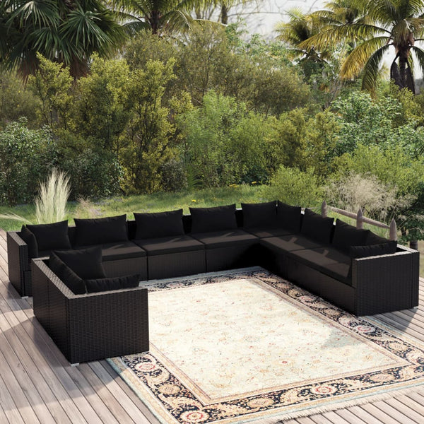 vidaXL 10-Piece Garden Lounge Set with Cushions Black Poly Rattan