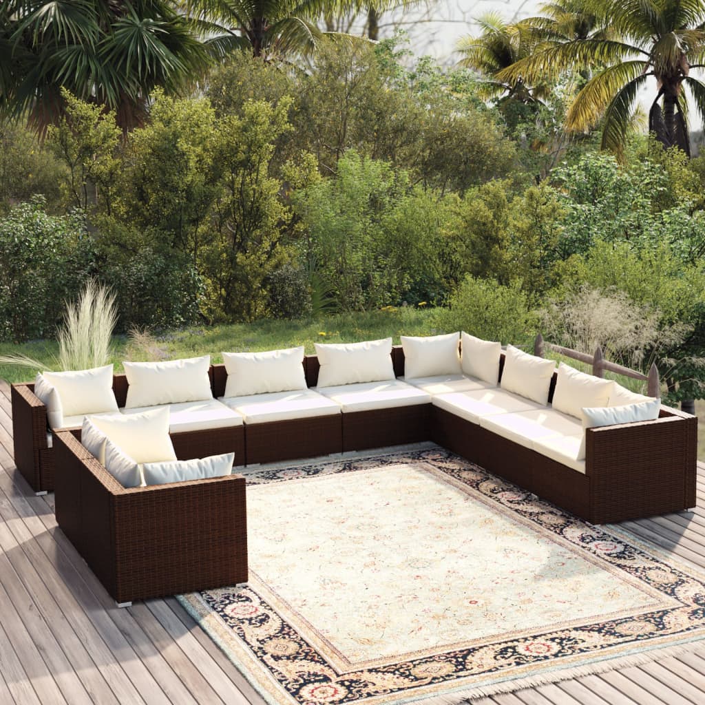 vidaXL 10-pc. Garden Lounge Set with Cushions Brown Poly Rattan