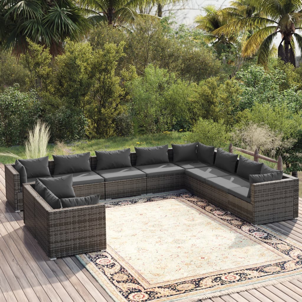 vidaXL 10-piece Garden Lounge Set with Cushions Grey Poly Rattan