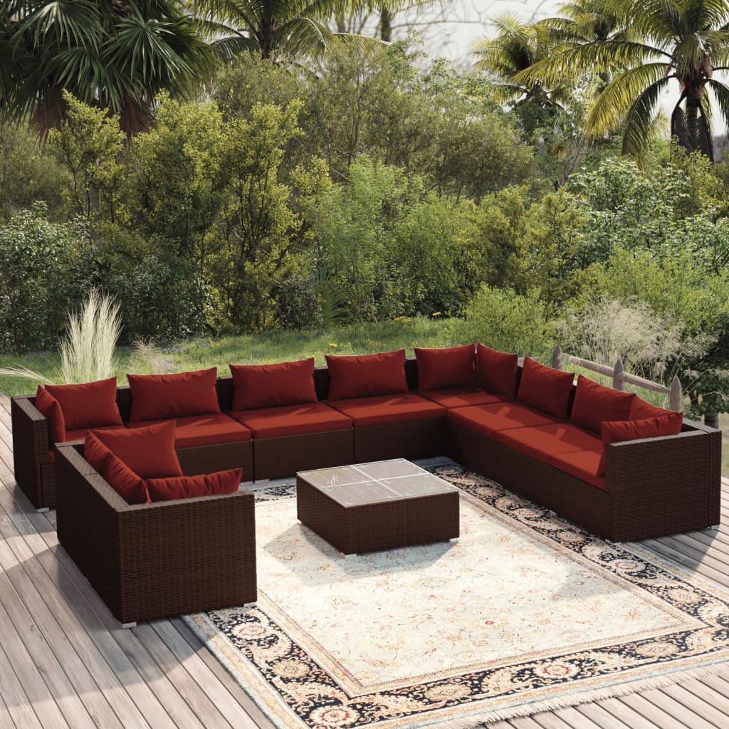 vidaXL 11-Piece Garden Lounge Set with Cushions Brown Poly Rattan