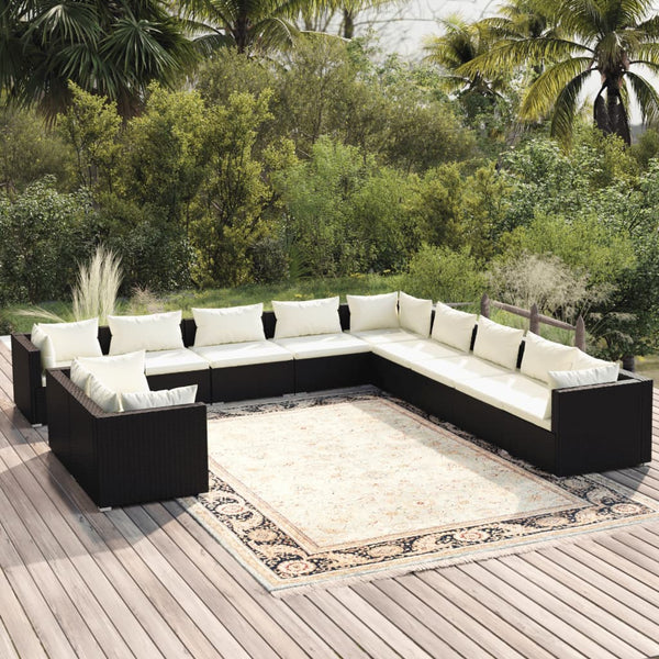 vidaXL 11-Piece Garden Lounge Set with Cushions Black Poly Rattan