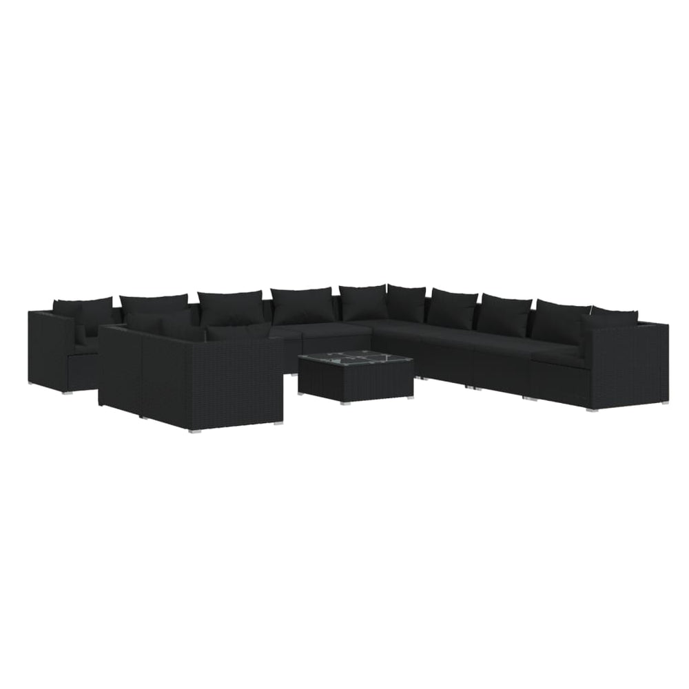 vidaXL 12-Piece Garden Lounge Set with Cushions Black Poly Rattan