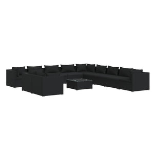 vidaXL 12-Piece Garden Lounge Set with Cushions Black Poly Rattan