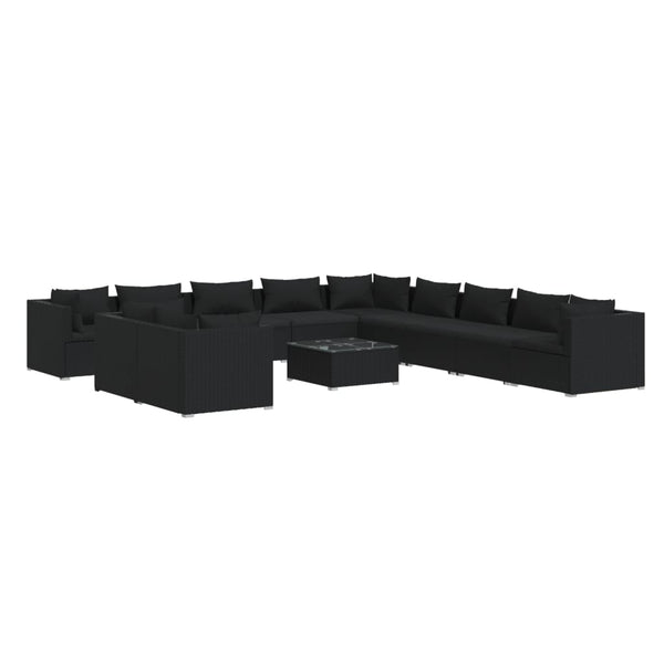 vidaXL 12-Piece Garden Lounge Set with Cushions Black Poly Rattan
