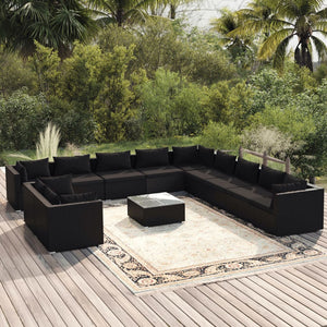 vidaXL 12-Piece Garden Lounge Set with Cushions Black Poly Rattan