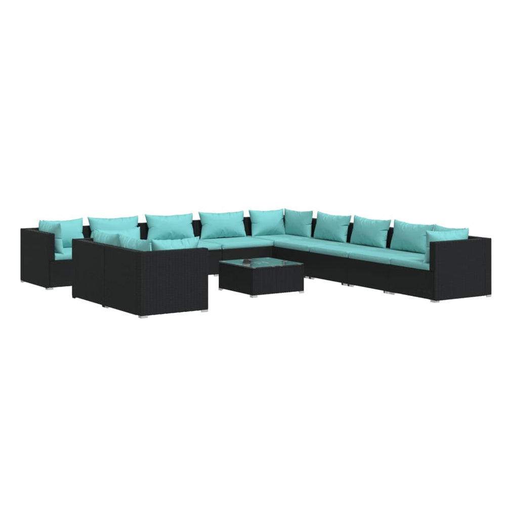 vidaXL 12-Piece Garden Lounge Set with Cushions Black Poly Rattan