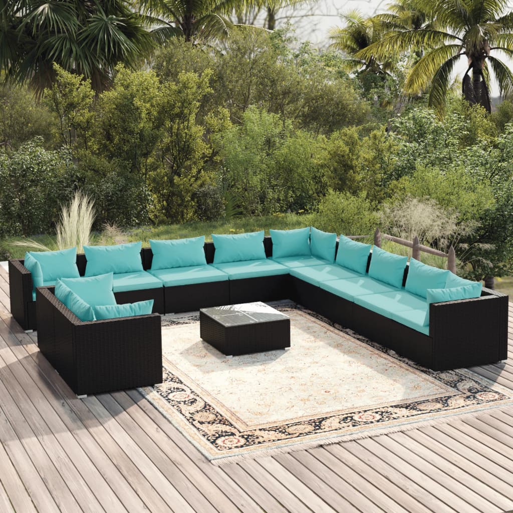 vidaXL 12-Piece Garden Lounge Set with Cushions Black Poly Rattan