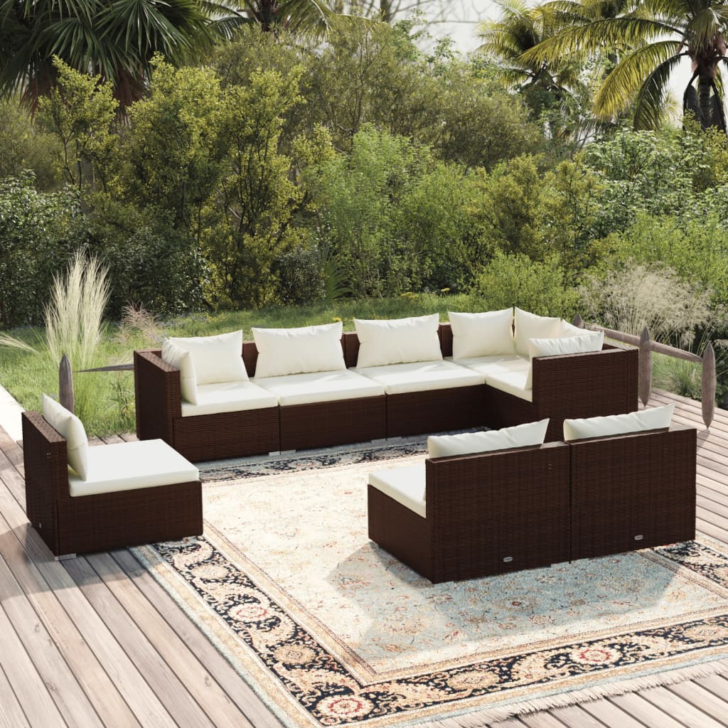 vidaXL 8-Piece Garden Lounge Set with Cushions Poly Rattan Brown