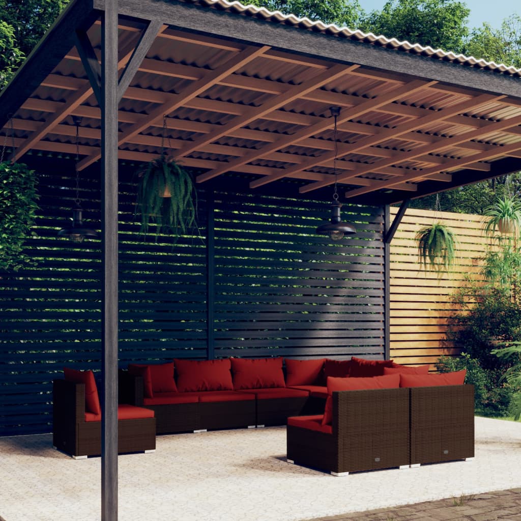vidaXL 9-piece Garden Lounge Set with Cushions Poly Rattan Brown