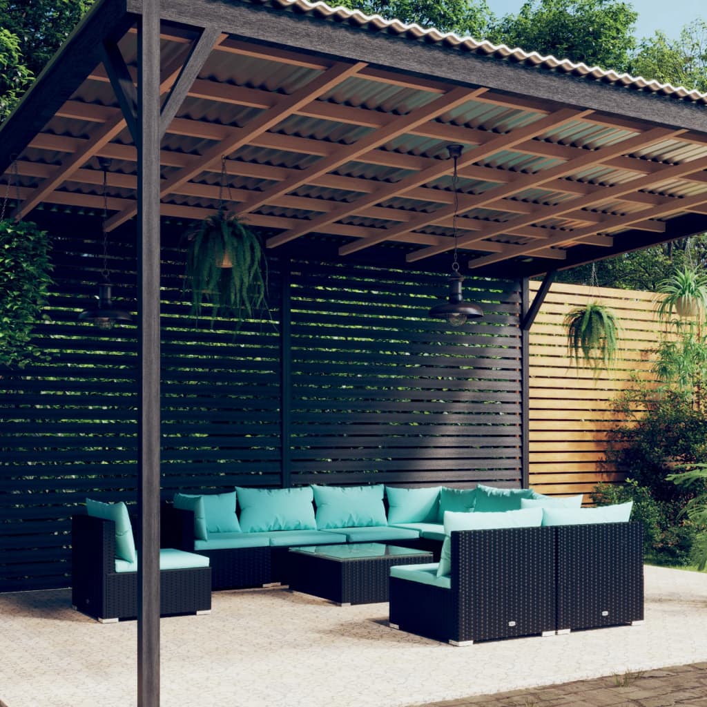 vidaXL 10-piece Garden Lounge Set with Cushions Poly Rattan Black