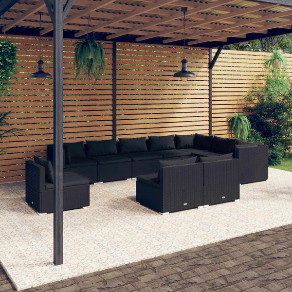 vidaXL 10-piece Garden Lounge Set with Cushions Poly Rattan Black