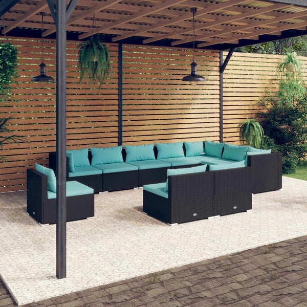 vidaXL 10-piece Garden Lounge Set with Cushions Poly Rattan Black