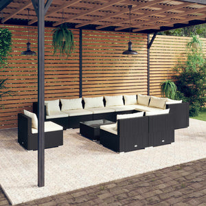 vidaXL 11-Piece Garden Lounge Set with Cushions Poly Rattan Black
