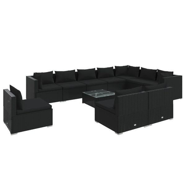 vidaXL 11-Piece Garden Lounge Set with Cushions Poly Rattan Black