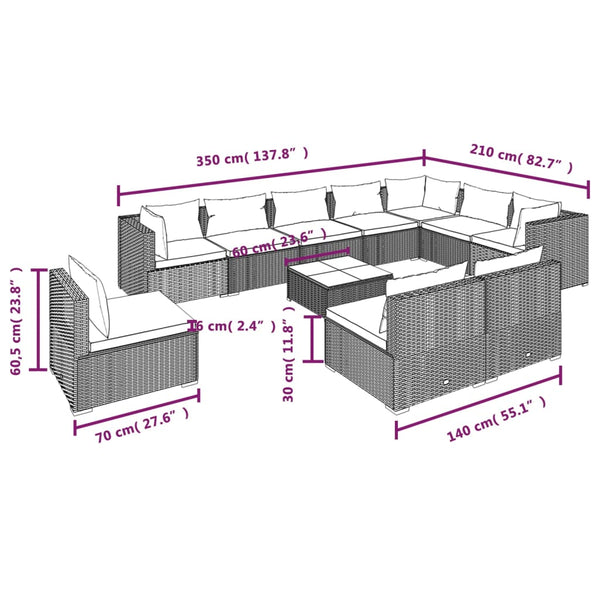 vidaXL 11-Piece Garden Lounge Set with Cushions Poly Rattan Black