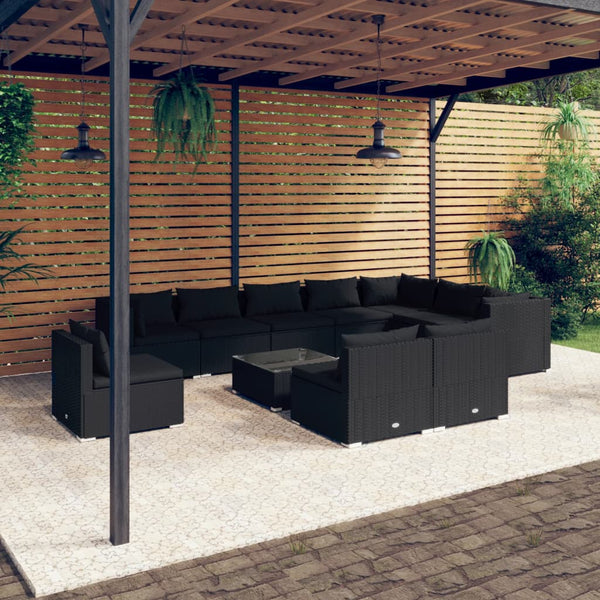 vidaXL 11-Piece Garden Lounge Set with Cushions Poly Rattan Black