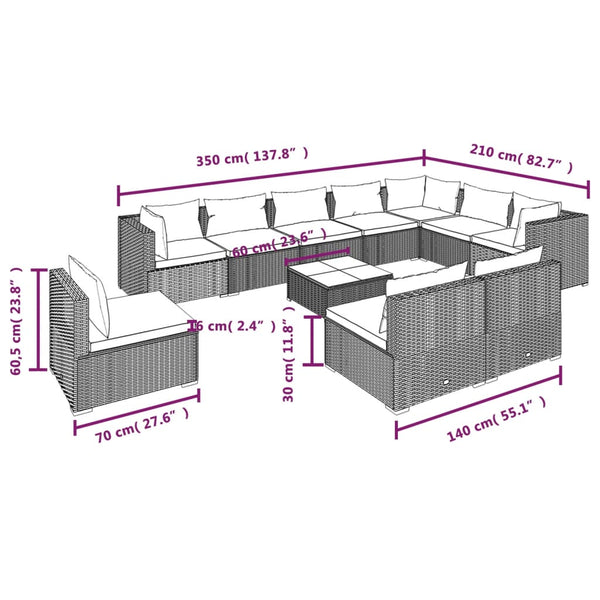 vidaXL 11-piece Garden Lounge Set with Cushions Poly Rattan Brown