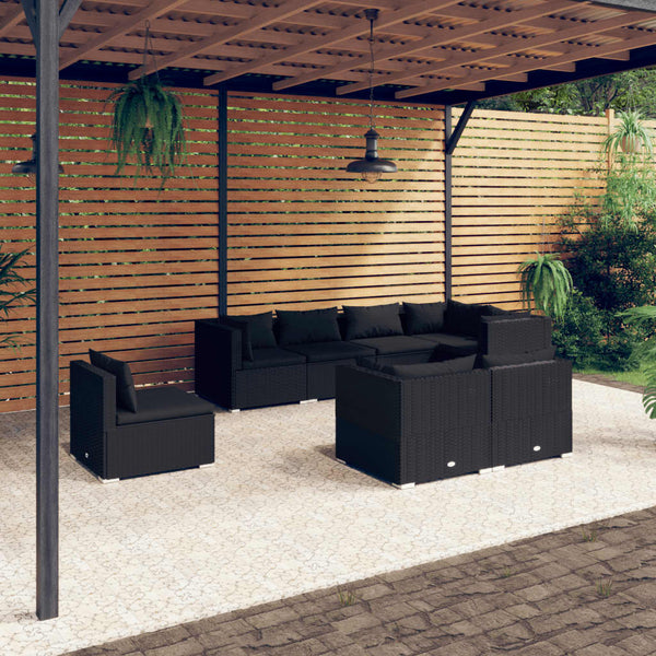 vidaXL 8-piece Garden Lounge Set with Cushions Poly Rattan Black