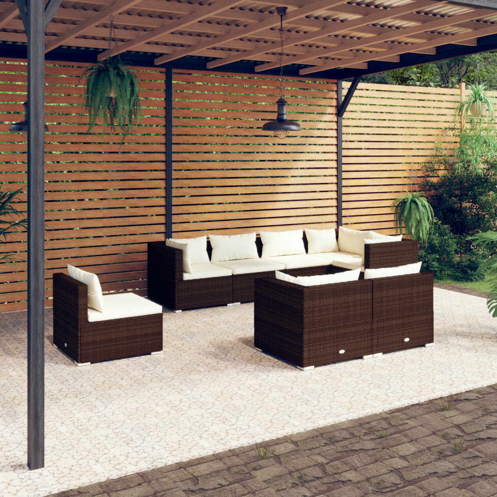 vidaXL 8-Piece Garden Lounge Set with Cushions Poly Rattan Brown