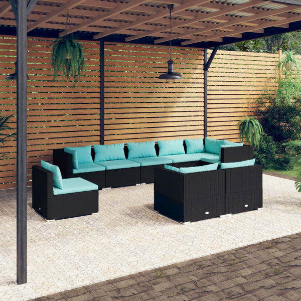vidaXL 9-piece Garden Lounge Set with Cushions Poly Rattan Black