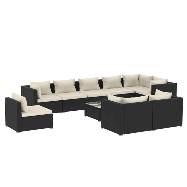 vidaXL 10-piece Garden Lounge Set with Cushions Poly Rattan Black