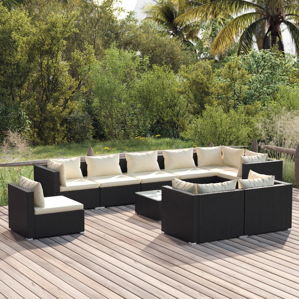 vidaXL 10-piece Garden Lounge Set with Cushions Poly Rattan Black