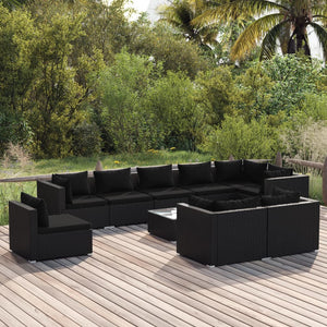 vidaXL 10-piece Garden Lounge Set with Cushions Poly Rattan Black