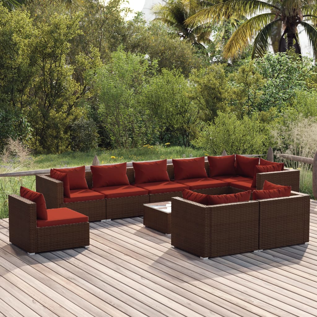 vidaXL 10-Piece Garden Lounge Set with Cushions Poly Rattan Brown