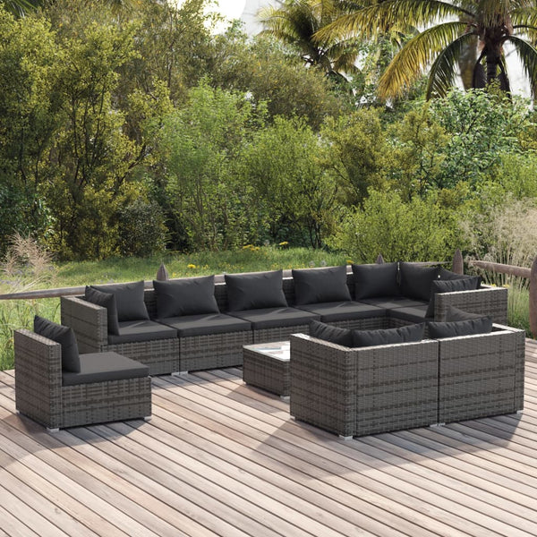 vidaXL 10-piece Garden Lounge Set with Cushions Poly Rattan Grey