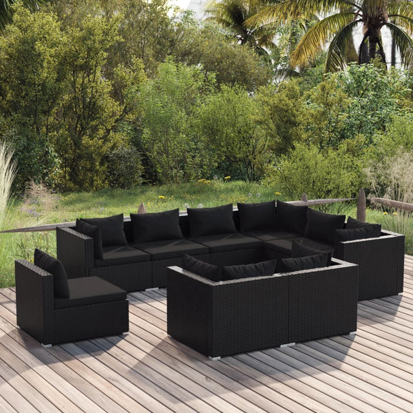vidaXL 9-piece Garden Lounge Set with Cushions Poly Rattan Black