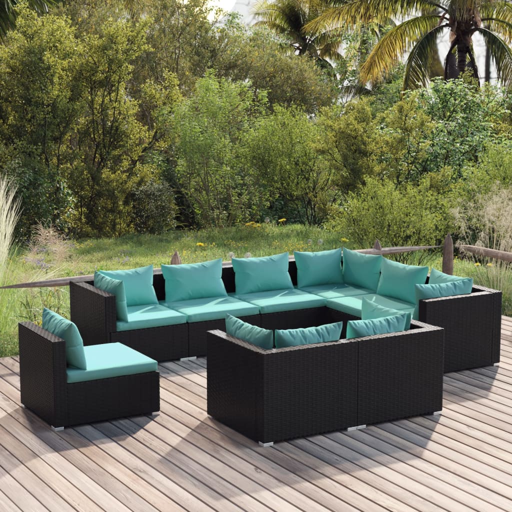 vidaXL 9-piece Garden Lounge Set with Cushions Poly Rattan Black