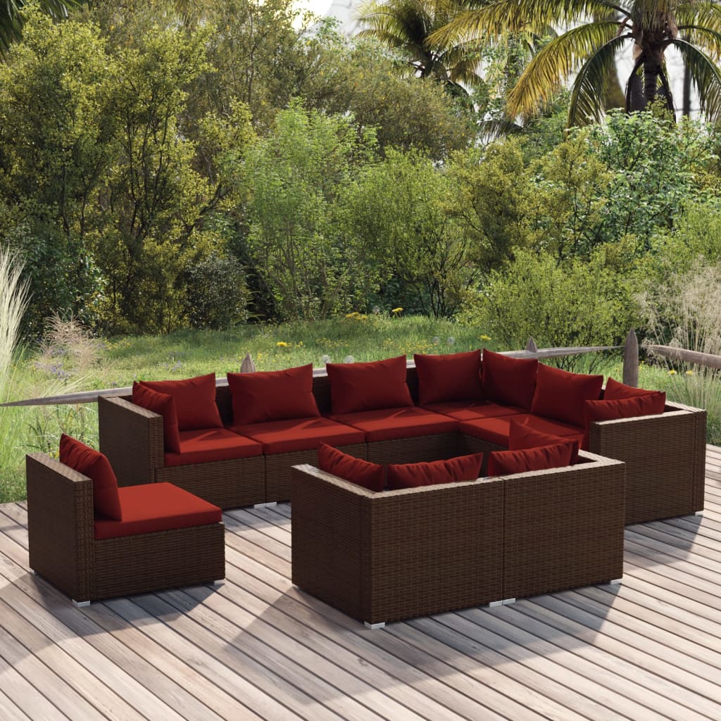 vidaXL 9-piece Garden Lounge Set with Cushions Poly Rattan Brown